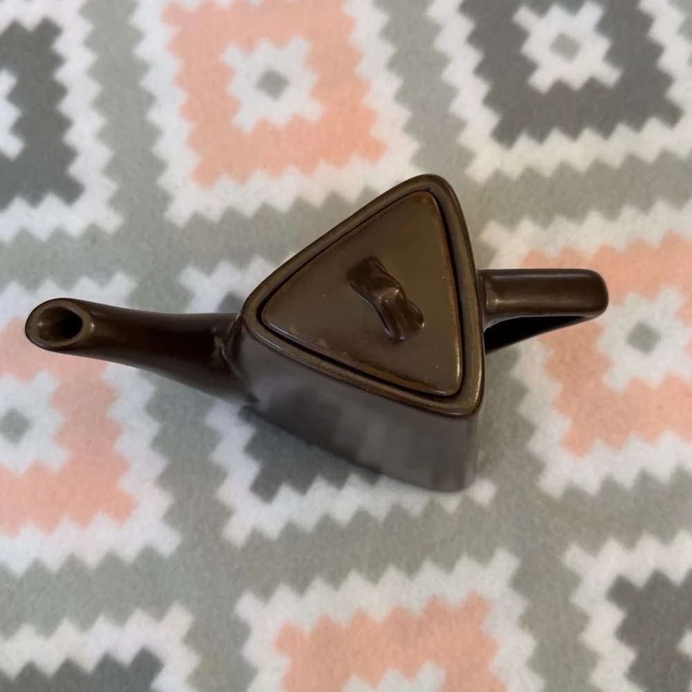 Vintage Brown Ceramic Teapot triangle shape with lid